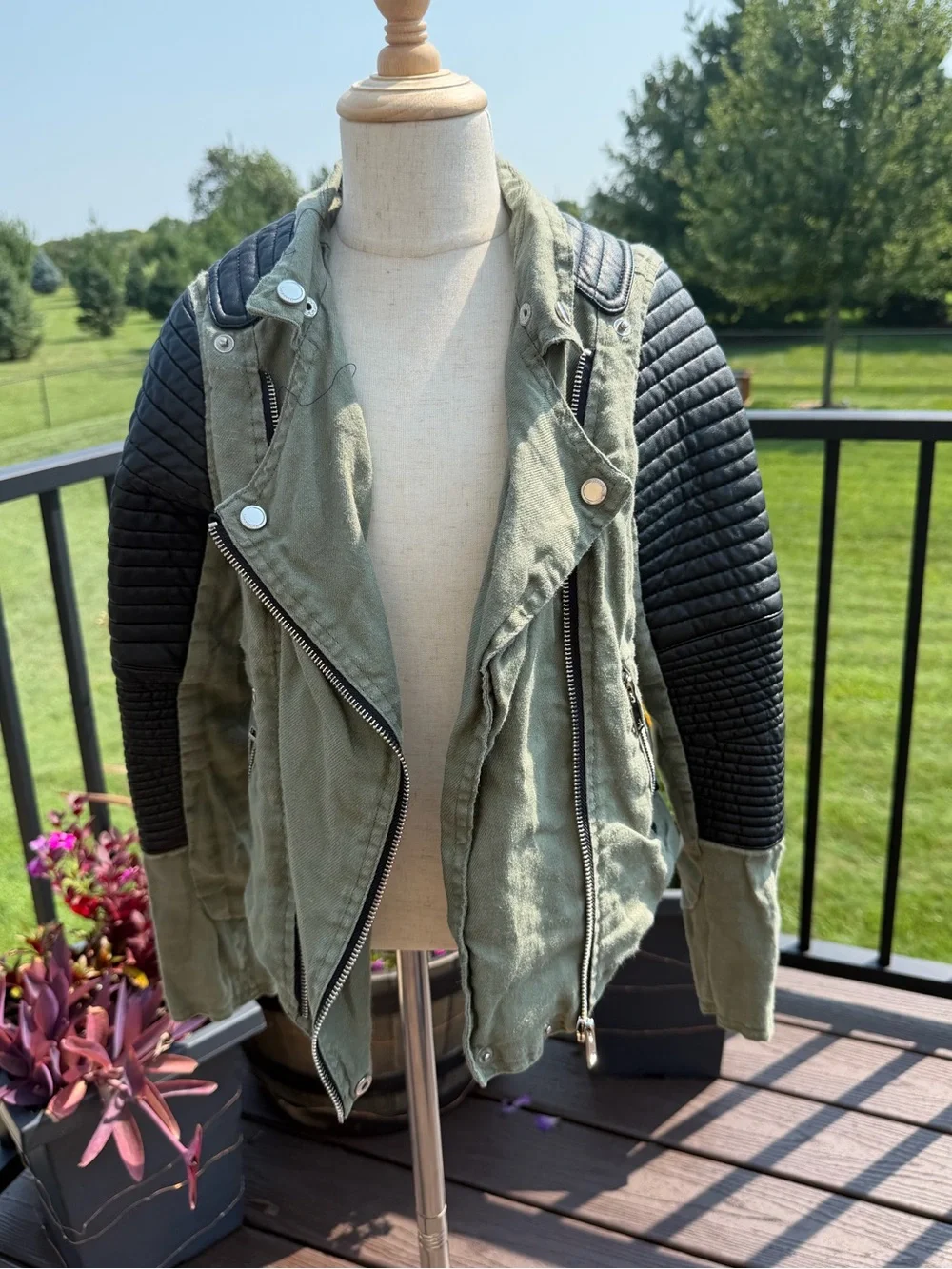 Blank NYC Olive Green Moto Jacket Black Faux Leather Sleeves Size Medium